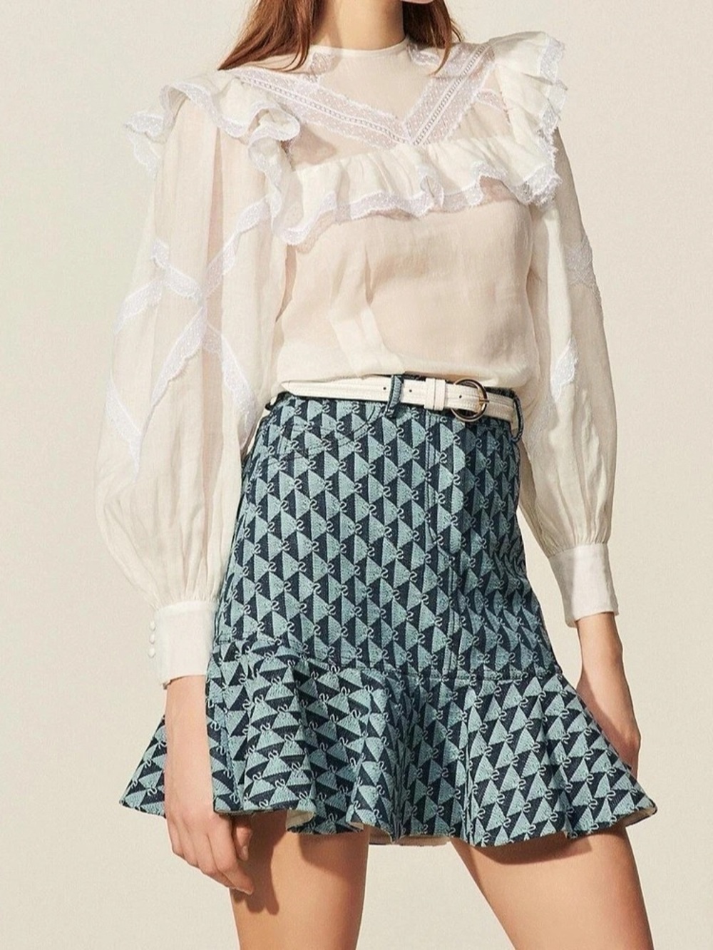 Sandro Pauline Monogram Denim Jacquard Mini Skirt Blue FR1 US4